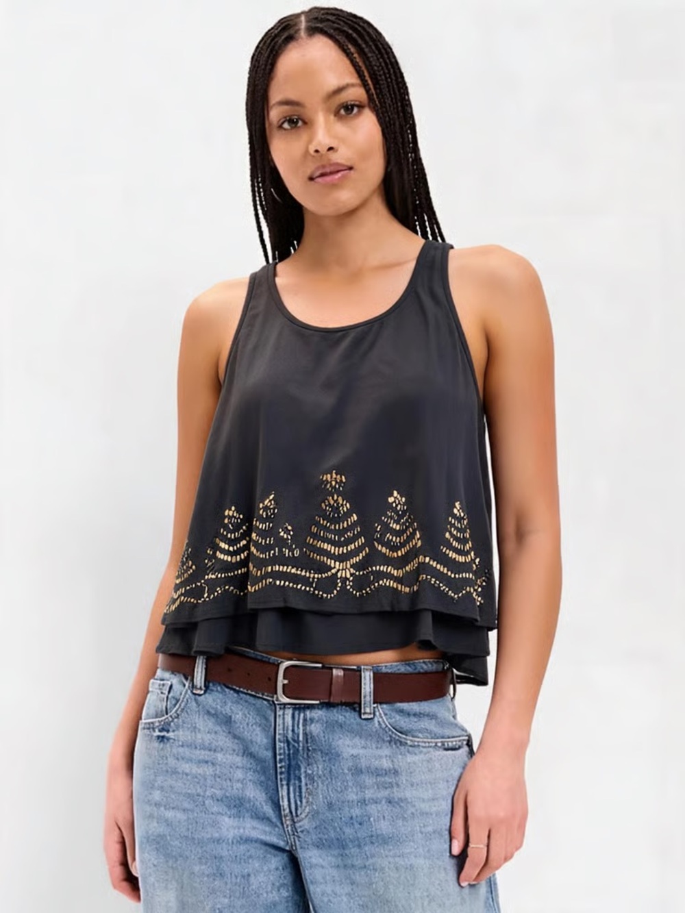 HOLLISTER | Charcoal Gray Studded Tiered Cropped Tank Top Sz M